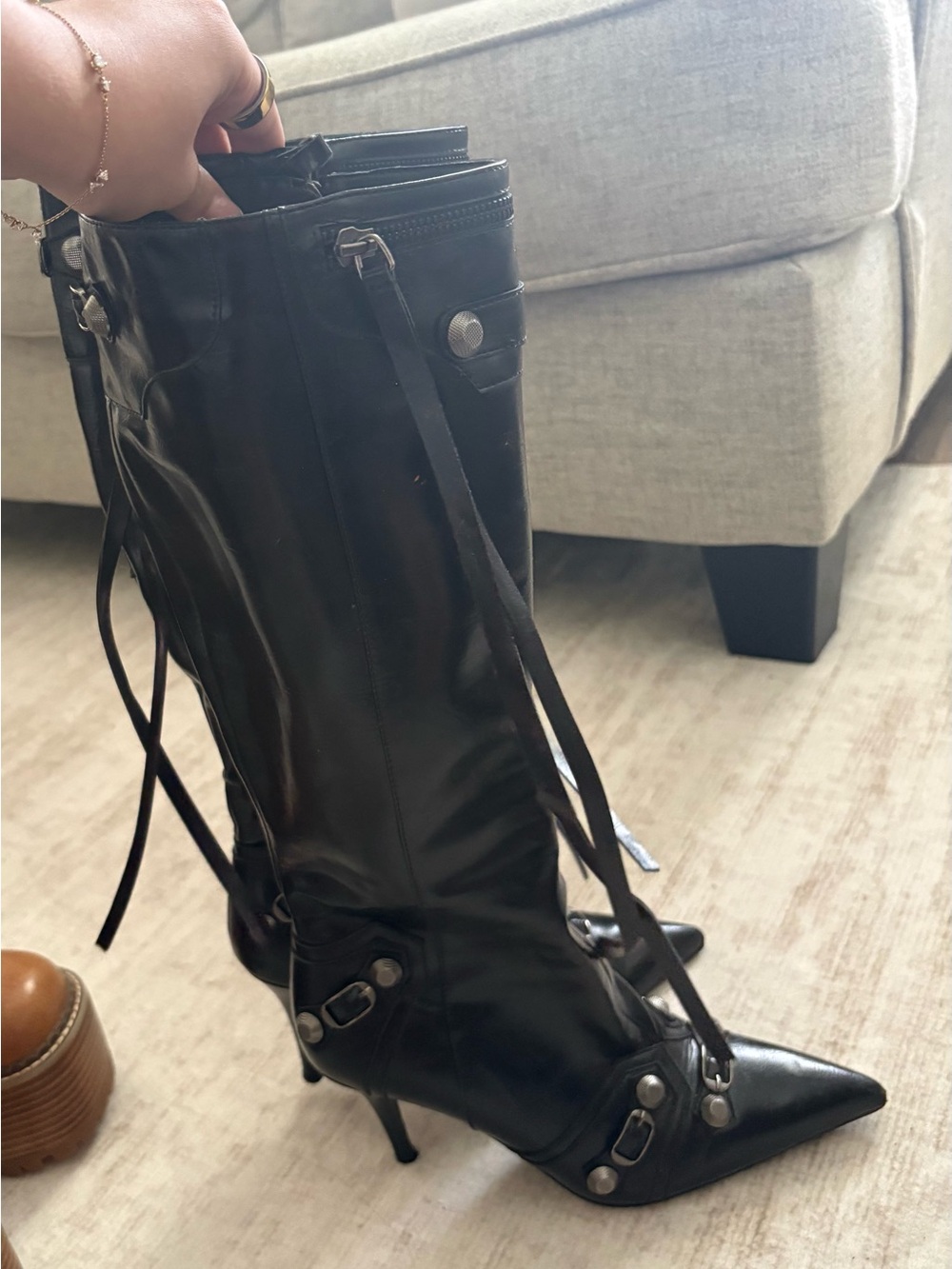 Amazon Black Pointed Stiletto Knee-High Leather Boots
